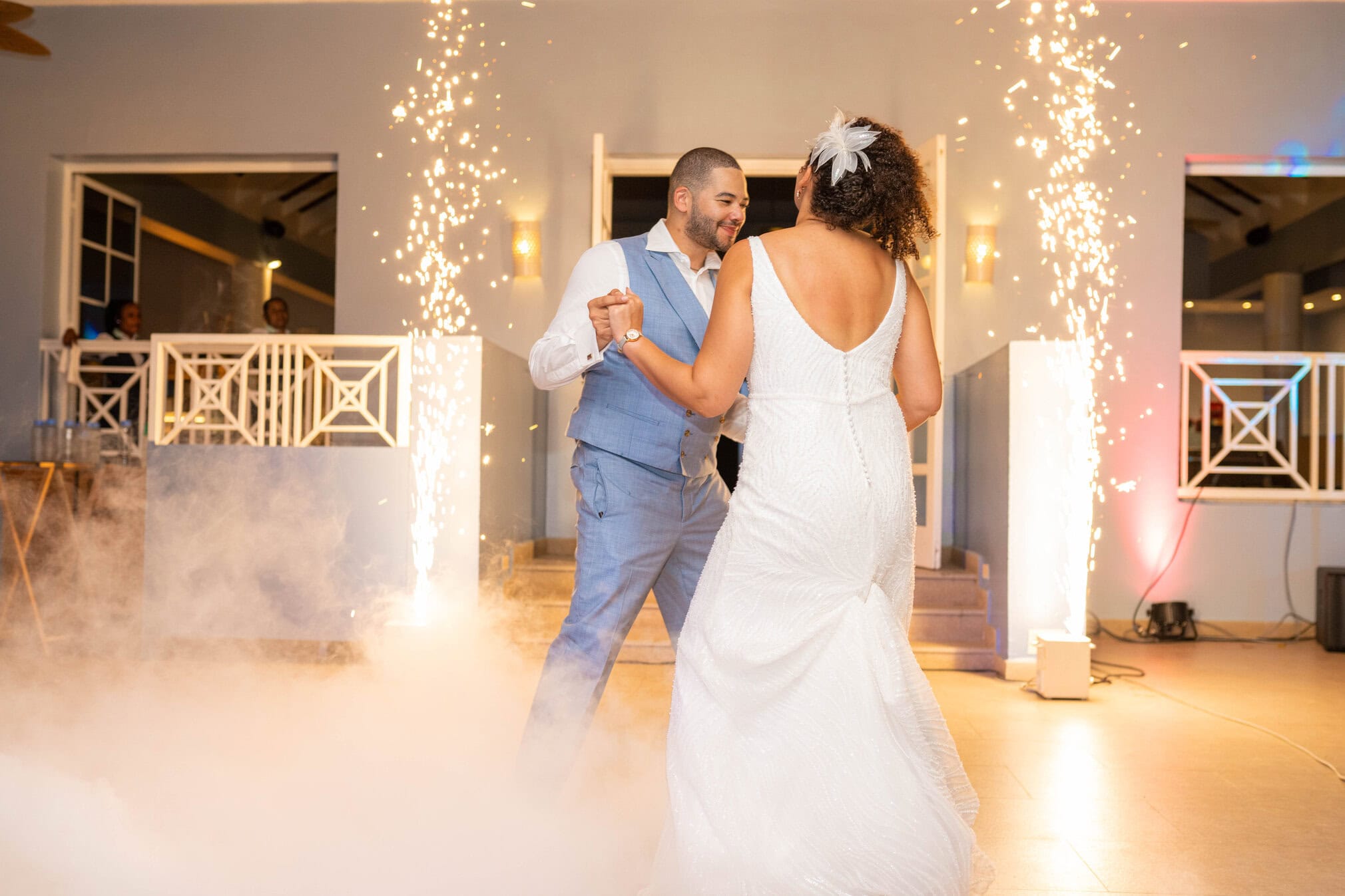 bride shina and groom andrew during first dance, featuring the bustle on her wedding dress