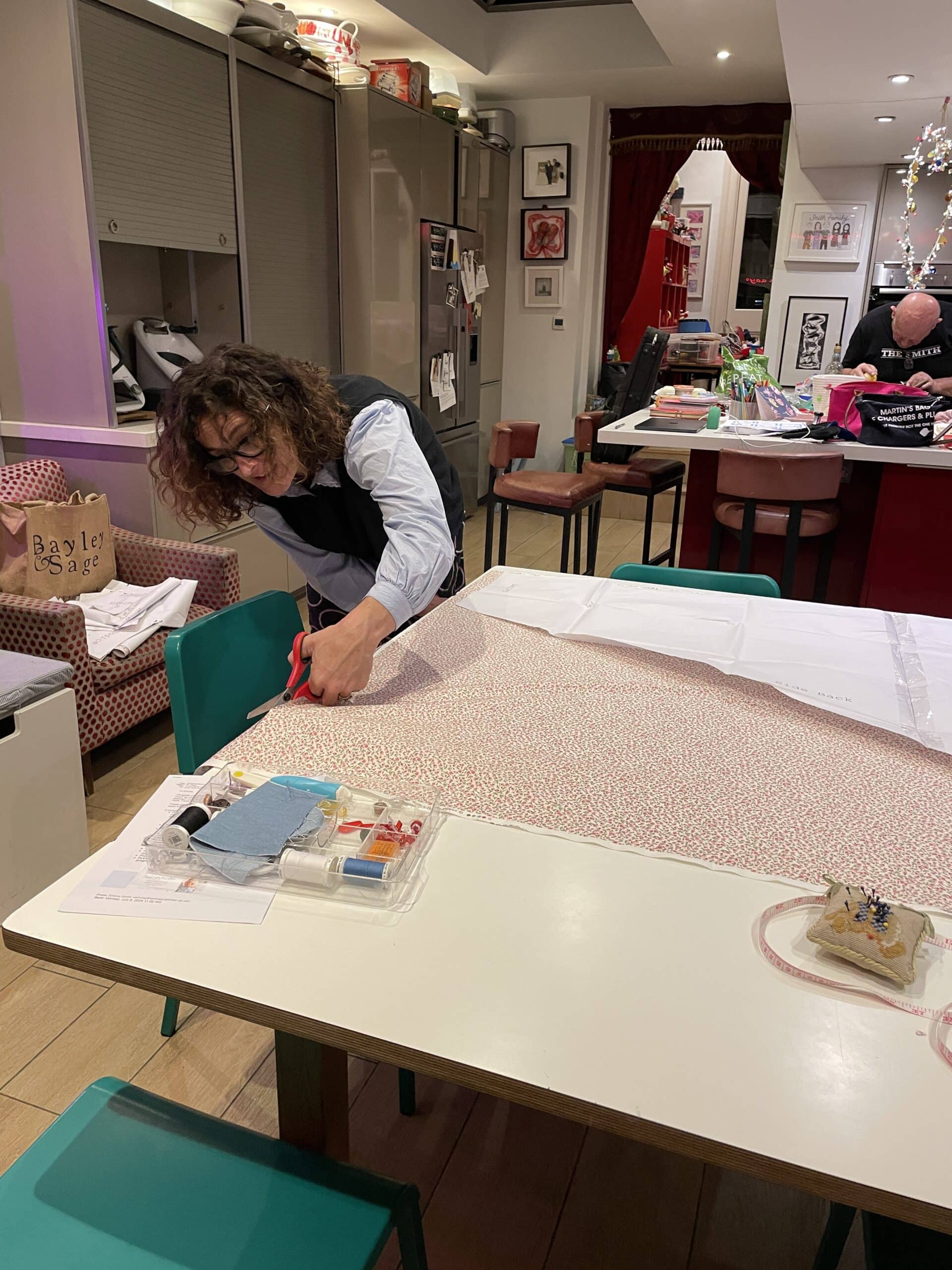 From Bedsheets to “The One”: A UK Bride’s DIY Sarah Kolis Couture Gown 19 mum cutting out pattern pieces 1 scaled