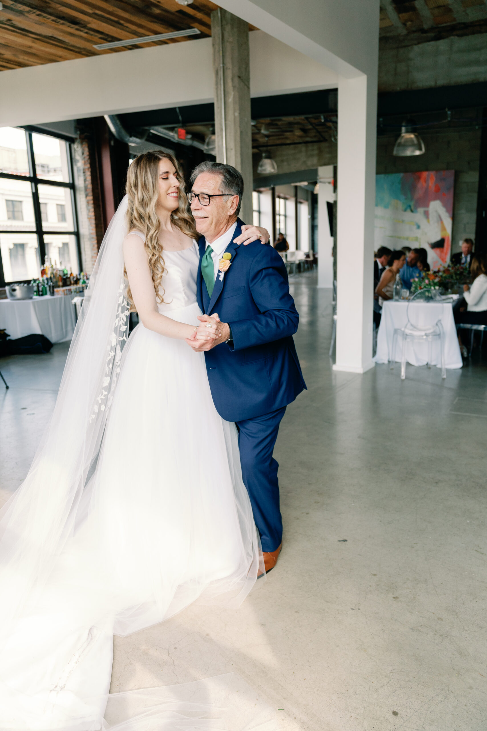 Couture Bride Ashley in Custom Sarah Kolis Gown and veil and father daughter dance