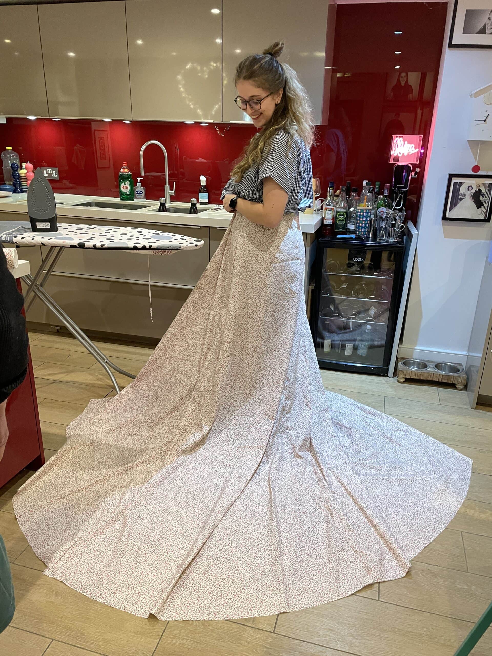 From Bedsheets to “The One”: A UK Bride’s DIY Sarah Kolis Couture Gown 20 trying on practice skirt scaled